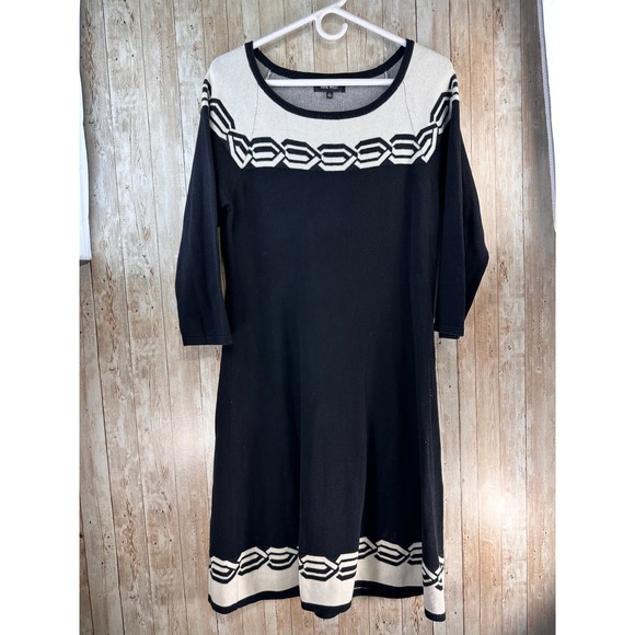 Nine West Dress Medium‎ Black White Fit Flare Patterned Neck and Hem Knitted - Picture 1 of 7